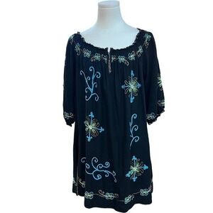 Boho Embroidered Peasant Tunic Top Black Rayon Festival Cottagecore Style M